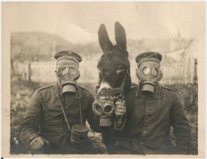 Foto van Duitse soldaten met muilezel en gasmaskers 1916 