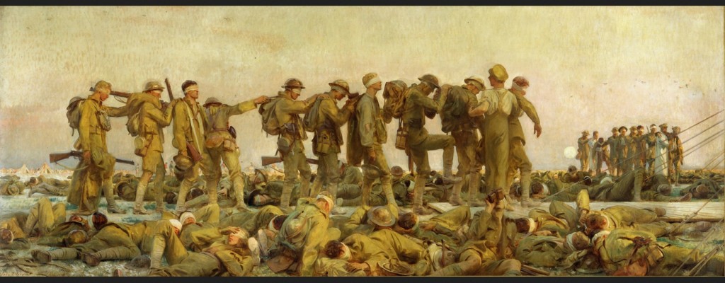 "Gassed" (1919) door John Singer Sargent (1856 – 1925) toont de nasleep van een aanval met mosterdgas tijdens de Eerste Wereldoorlog. Sargent maakte het olieverfschilderij van zes bij twee meter na bezoek aan het front bij Arras en Yper in 1918. 